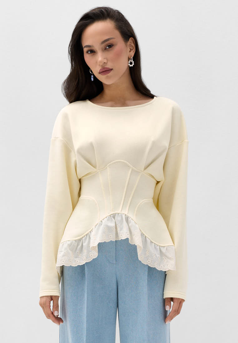 Свитшот из футера с кружевом по низу